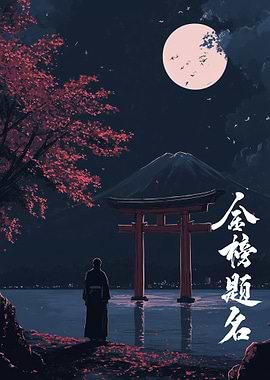 Japanese Night Landscape with Torii Gate