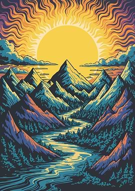 Mountain River Landscape with Sun