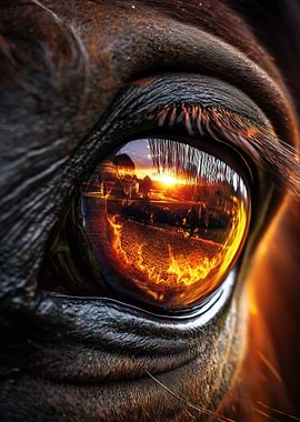 Horse Eye Reflecting Sunset Landscape