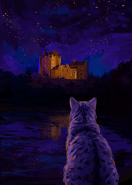 Cat Gazing at Castle Under Stars