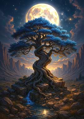 Mystical Tree Under a Full Moon