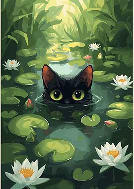 Black Cat in Lily Pond