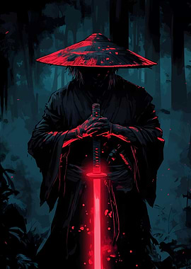 Samurai with Red Katana in Forest