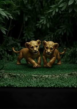 Two Lion Cubs in Greenery