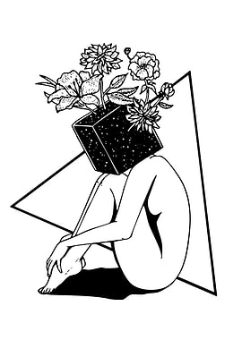 Floral Cube Head Figure Line Art