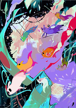Colorful Abstract Creatures in Flight