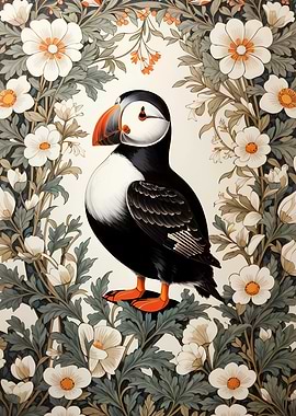 Puffin Portrait with Floral Frame