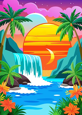 Fantasy Tropical Beach Sunset with Waterfall Metal Wall Print Art