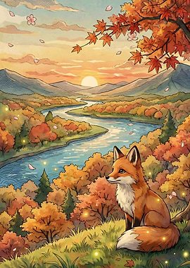 Fox in Autumn Landscape Illustration