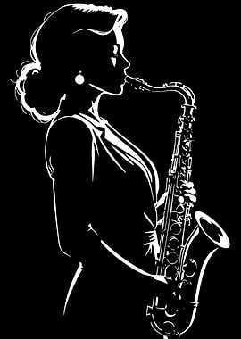 Woman playing saxophone, black and white