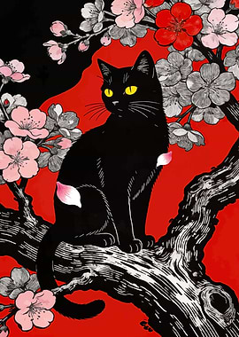 Black Cat in Cherry Blossom Tree