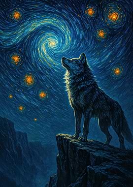 Wolf howling at starry night