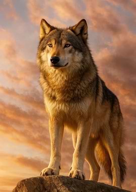 Wolf on a Rock at Sunset