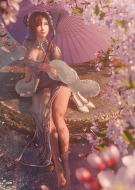 Woman in Cheongsam with Cherry Blossoms