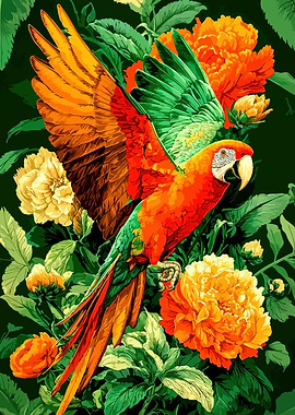 Colorful Parrot in Floral Setting