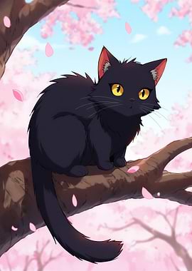Black cat sitting on a branch