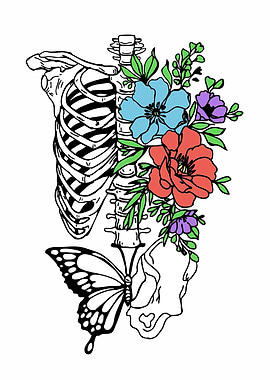 Floral Skeleton with Butterfly Art