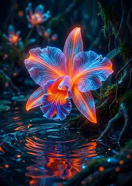 Glowing Orchid in Magical Forest Pond