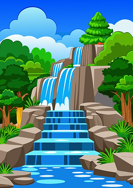 Realistic Multi-Tiered Waterfall Illustration Metal Wall Print Art