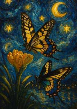 Butterflies and Flower in Starry Night