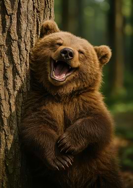Laughing Brown Bear by a Tree