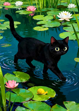 Black cat in a lily pond