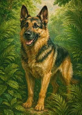 German Shepherd in Lush Greenery Painting