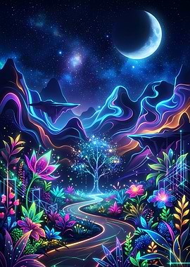 Neon Dreamscape with Moon and Flowers