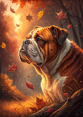 Bulldog in Autumn Forest