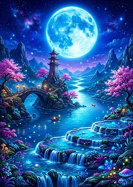 Fantasy Landscape with Pagoda and Moon