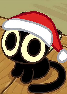 Cartoon Black Cat with Santa Hat