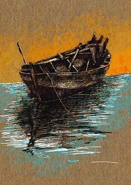 Old Boat on Water Drawing