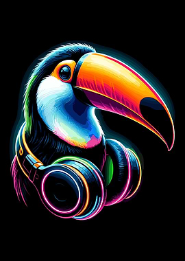 Neon Toucan with Headphones
