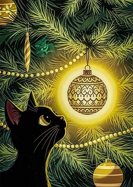 Black Cat and Christmas Tree Ornament