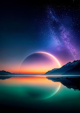Serene Lake, Planet, and Starry Sky