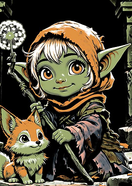 Cute Goblin Girl with Fox Friend