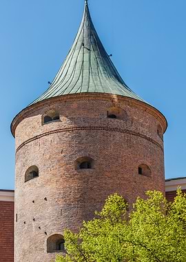 Medieval Brick Tower with Green Roof, Old Riga, Latvia.