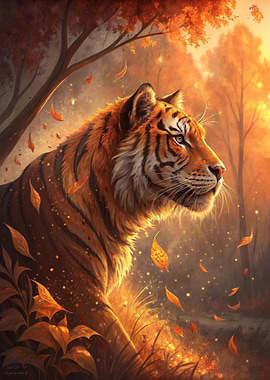 Tiger in Autumn Forest