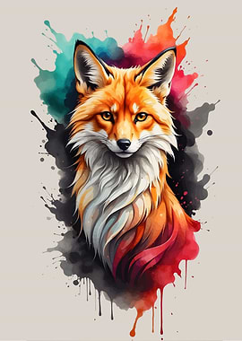 Fox Portrait with Watercolor Splatters