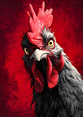 Intense Rooster Portrait on Red Background
