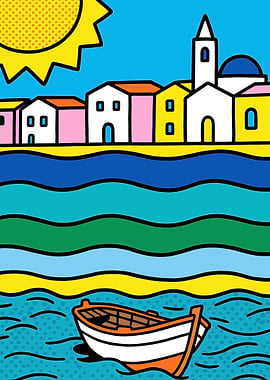 Colorful Coastal Village with Boat