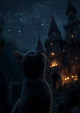 Cat Gazing at Starry Night Castle