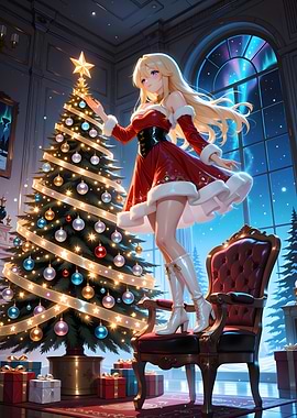 Blonde Anime Santa Girl Decorating Tree