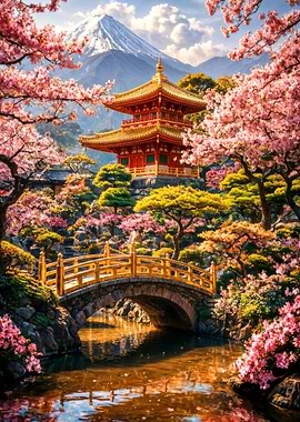 Japanese Temple Cherry Blossoms