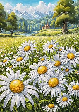 Daisy Field Landscape Painting