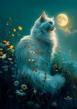 White Cat in Moonlight Meadow