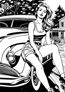 Woman sitting on vintage car hood