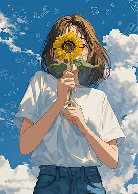 Girl with Sunflower in Blue Sky