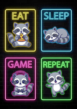 Eat Sleep Game Repeat Raccoon Neon
