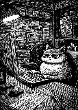 Cat at Computer, Woodcut Style
